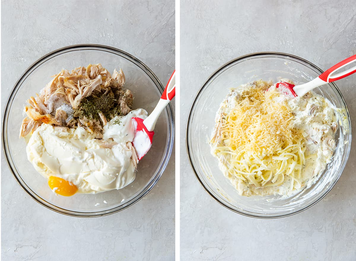 Ricotta, sour cream, chicken, and cheese are combined in a mixing bowl.