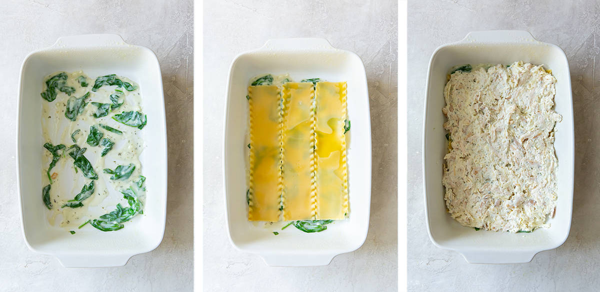 Three images showing lasagna being layered in a white baking dish.