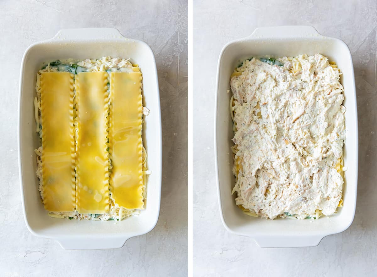 Lasagna noodles and a chicken ricotta mixture are layered in a baking dish.