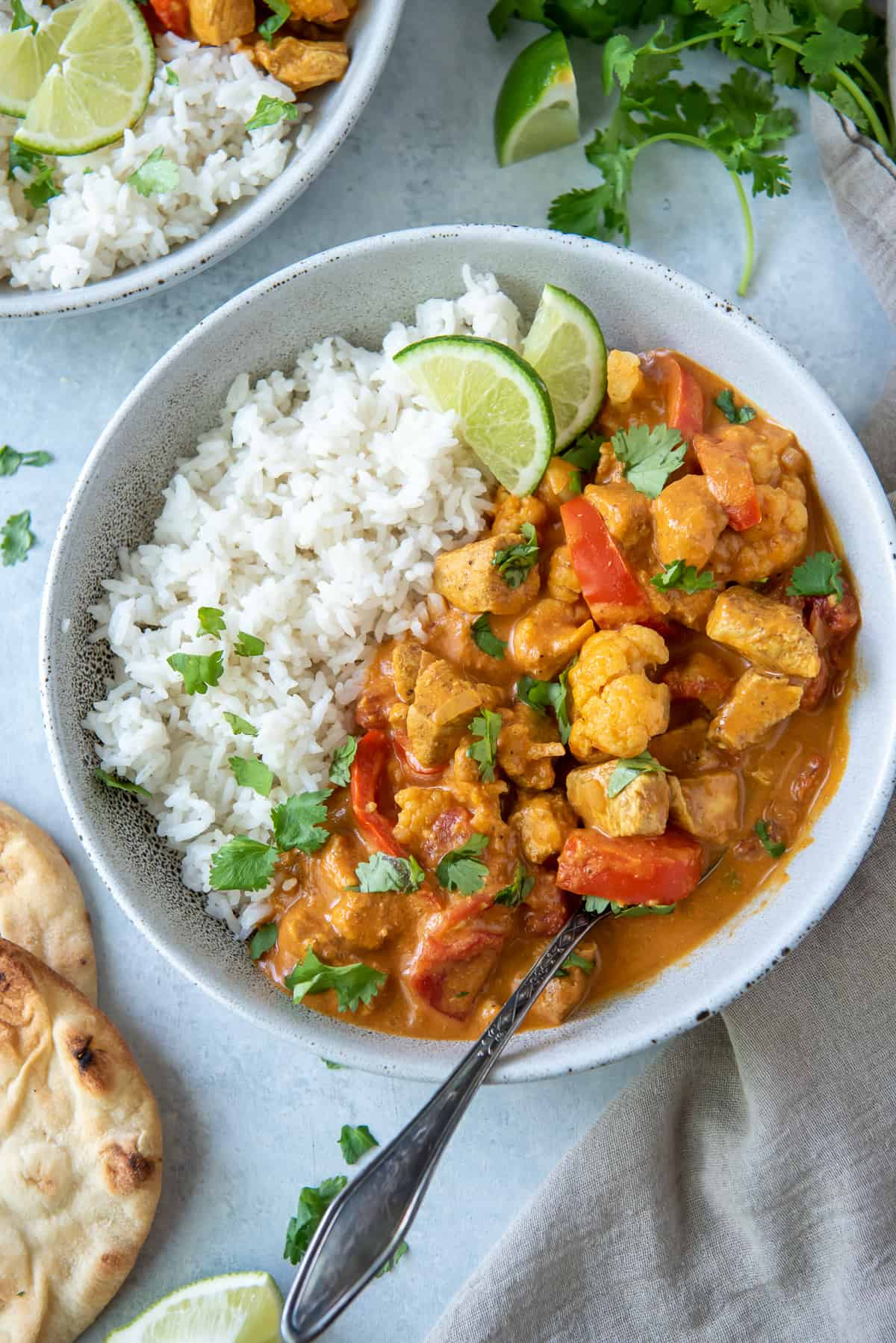 An over the top shot of chicken curry with rice in a bowl with a fork.