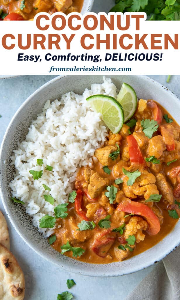 A close up of a bowl of chicken curry with rice with overlay text.