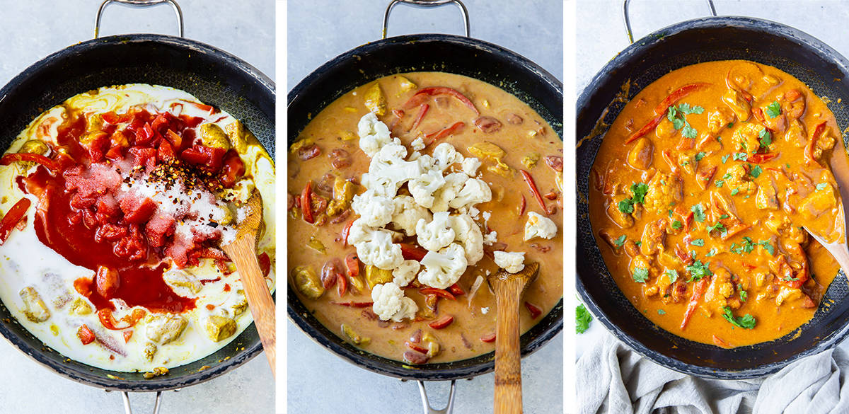 Coconut milk, tomato sauce and cauliflower are added to chicken curry in a skillet.