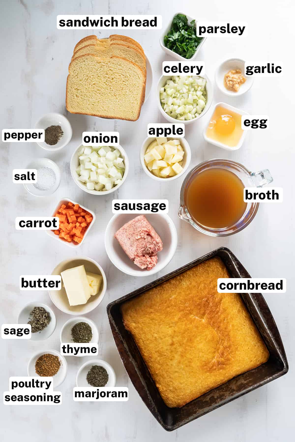 The ingredients for Cornbread Stuffing with overlay text.