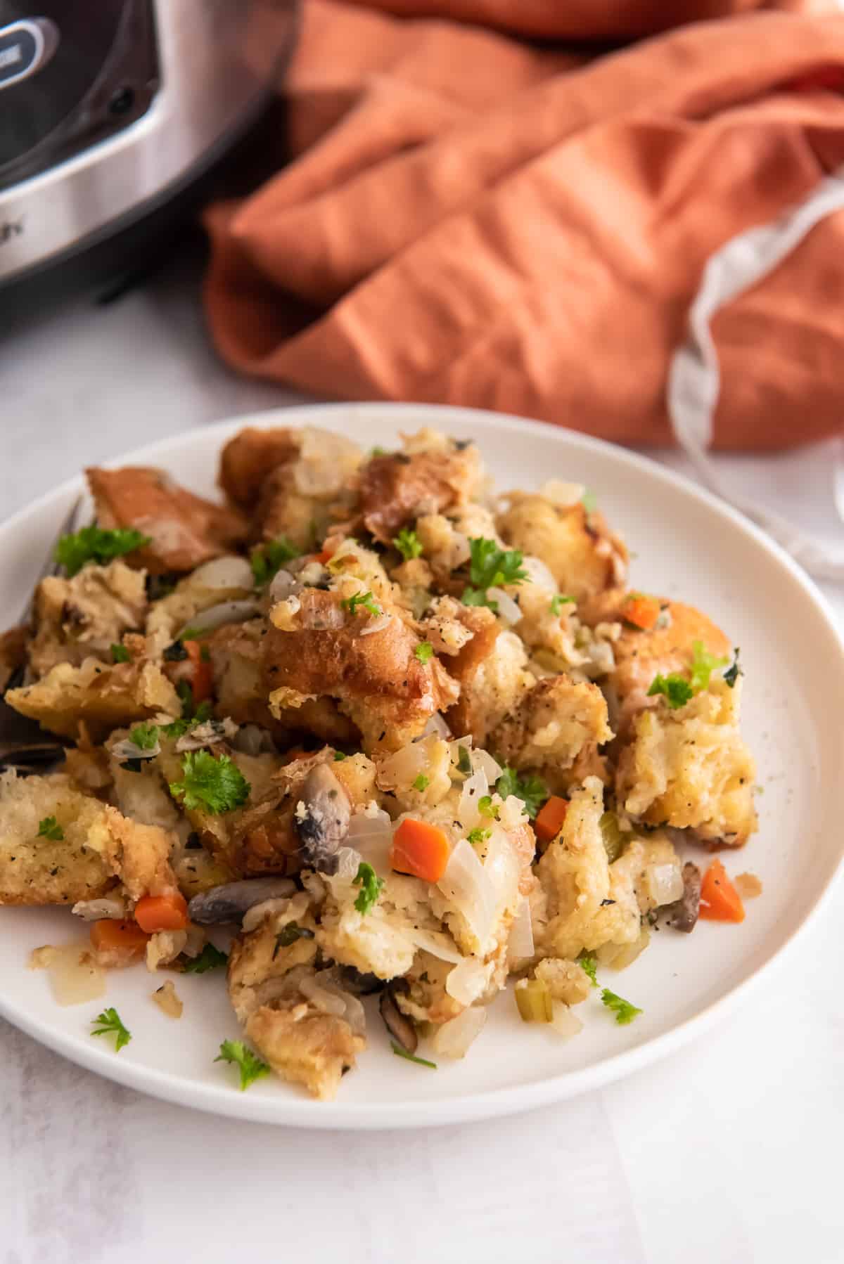 A plate filled with stuffing in front of a slow cooker.