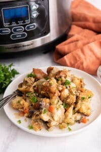 A plate full of stuffing in front of a slow cooker.