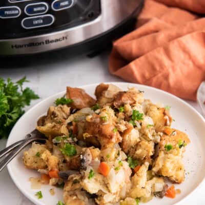 A plate full of stuffing in front of a slow cooker.