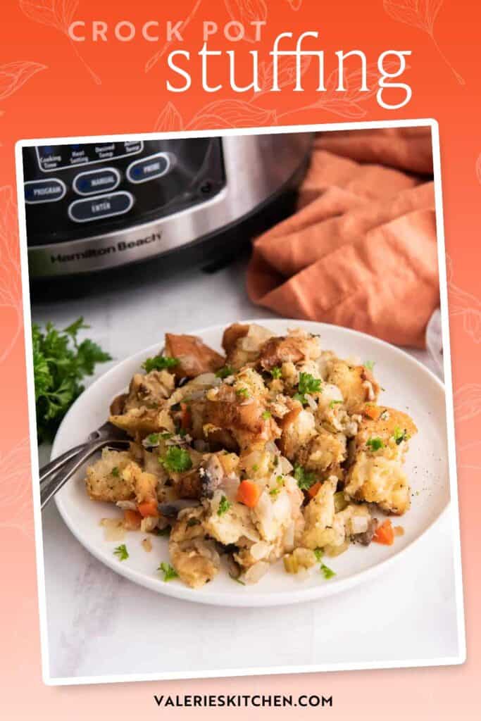 Crock-pot stuffing on a plate with text overlay.