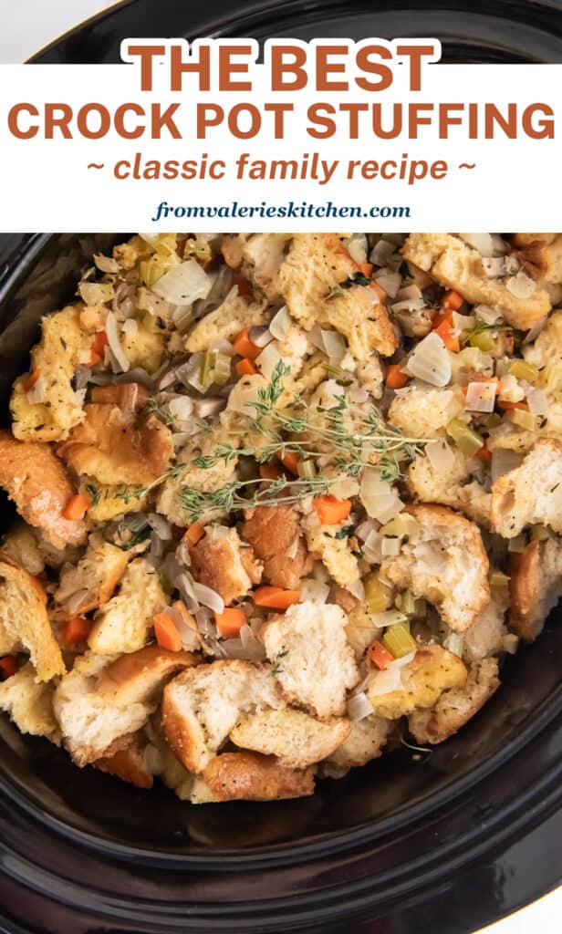 Stuffing in a slow cooker with overlay text.