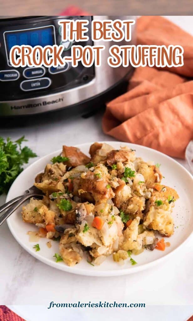 Stuffing on a white plate with a Crock-Pot behind it.