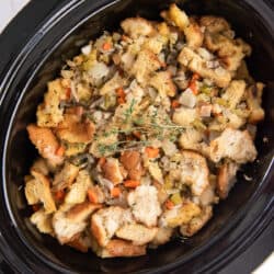Stuffing in a Crock Pot shot from over the top.