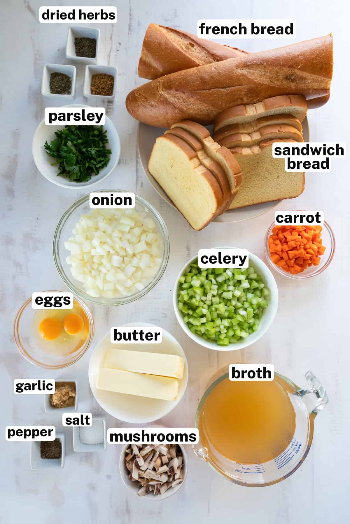 The ingredients for making Crock Pot Stuffing with overlay text.