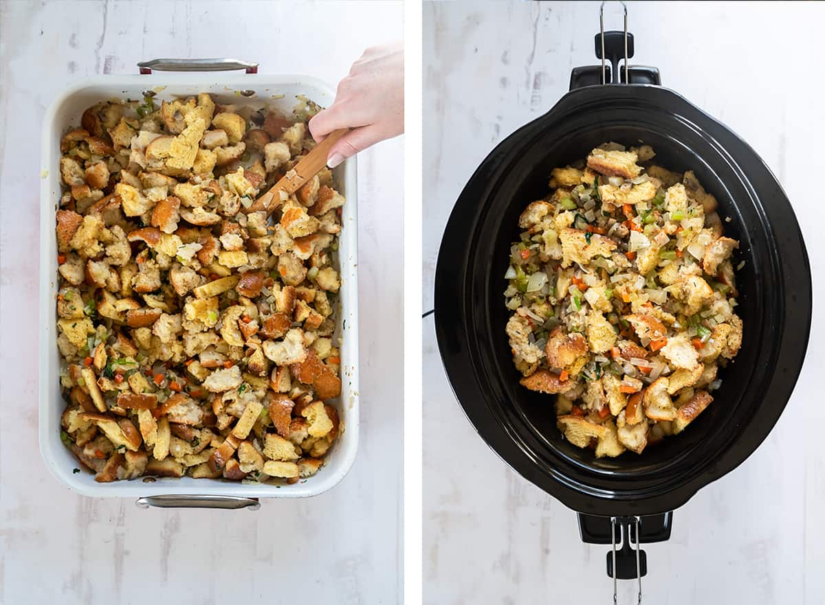 Stuffing in a large pan and in a slow cooker.