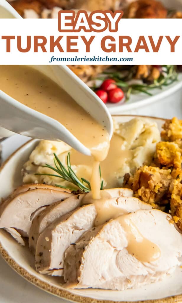 Gravy pouring over slices of turkey with overlay text.