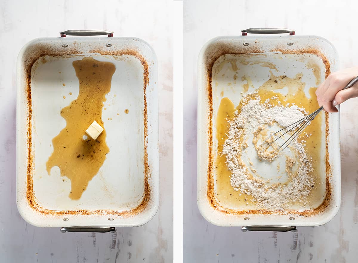 Flour is whisked into butter and turkey drippings in a baking dish.