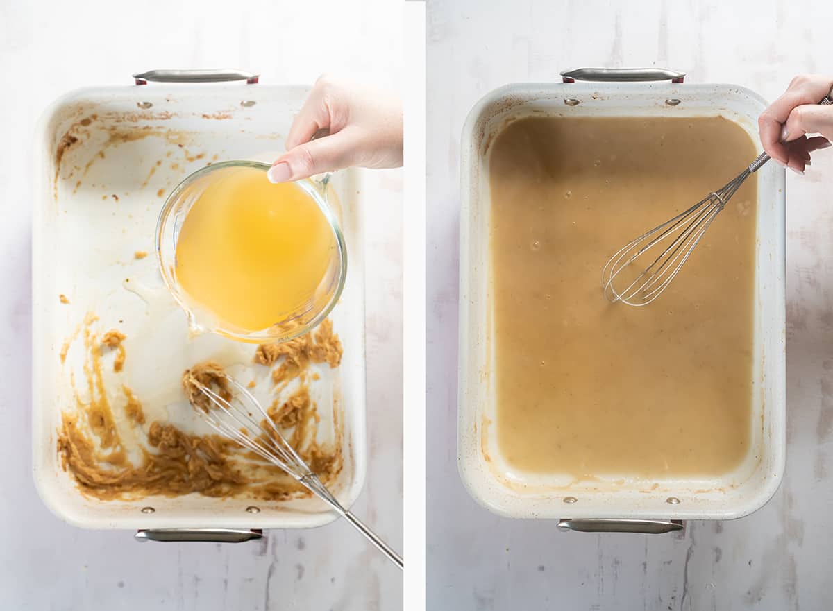 Broth is whisked into gravy in a baking dish.