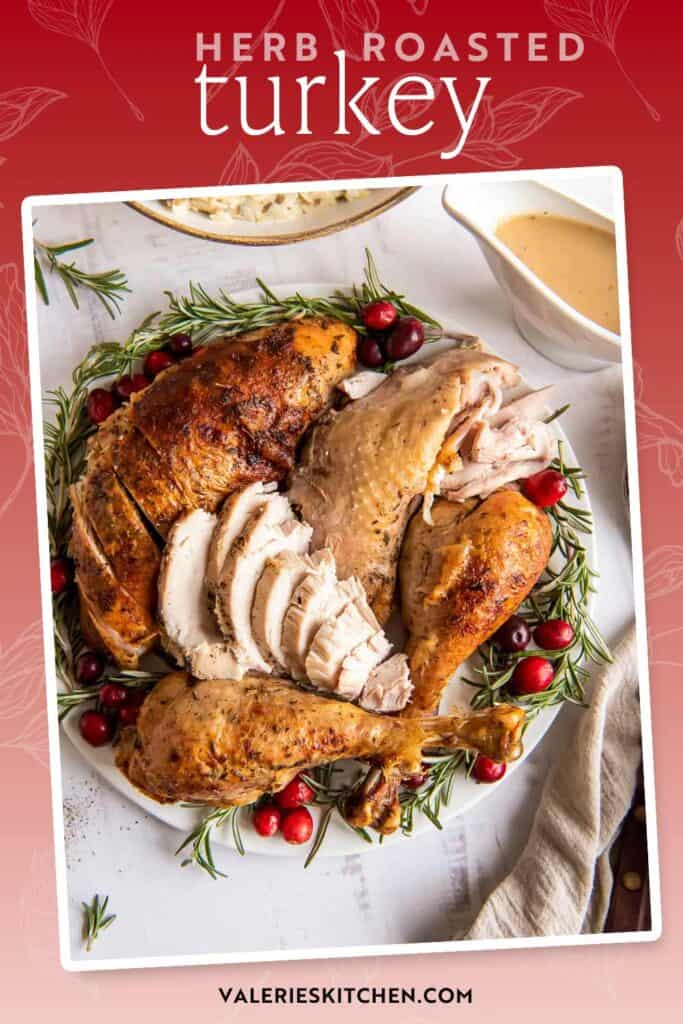 Sliced turkey with herbs on a white platter with text overlay.