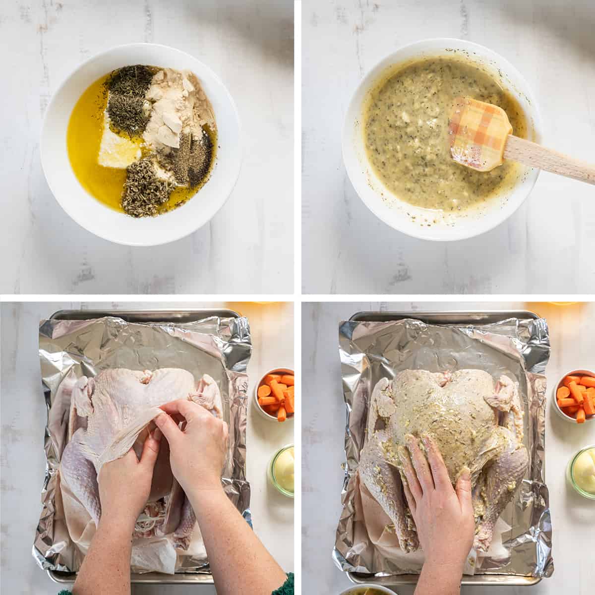 A butter herb mixture is spread over a turkey and under the skin.