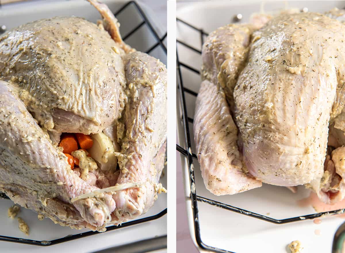 Carrot and onion stuffed in the cavity of a turkey and the wings tucked under.