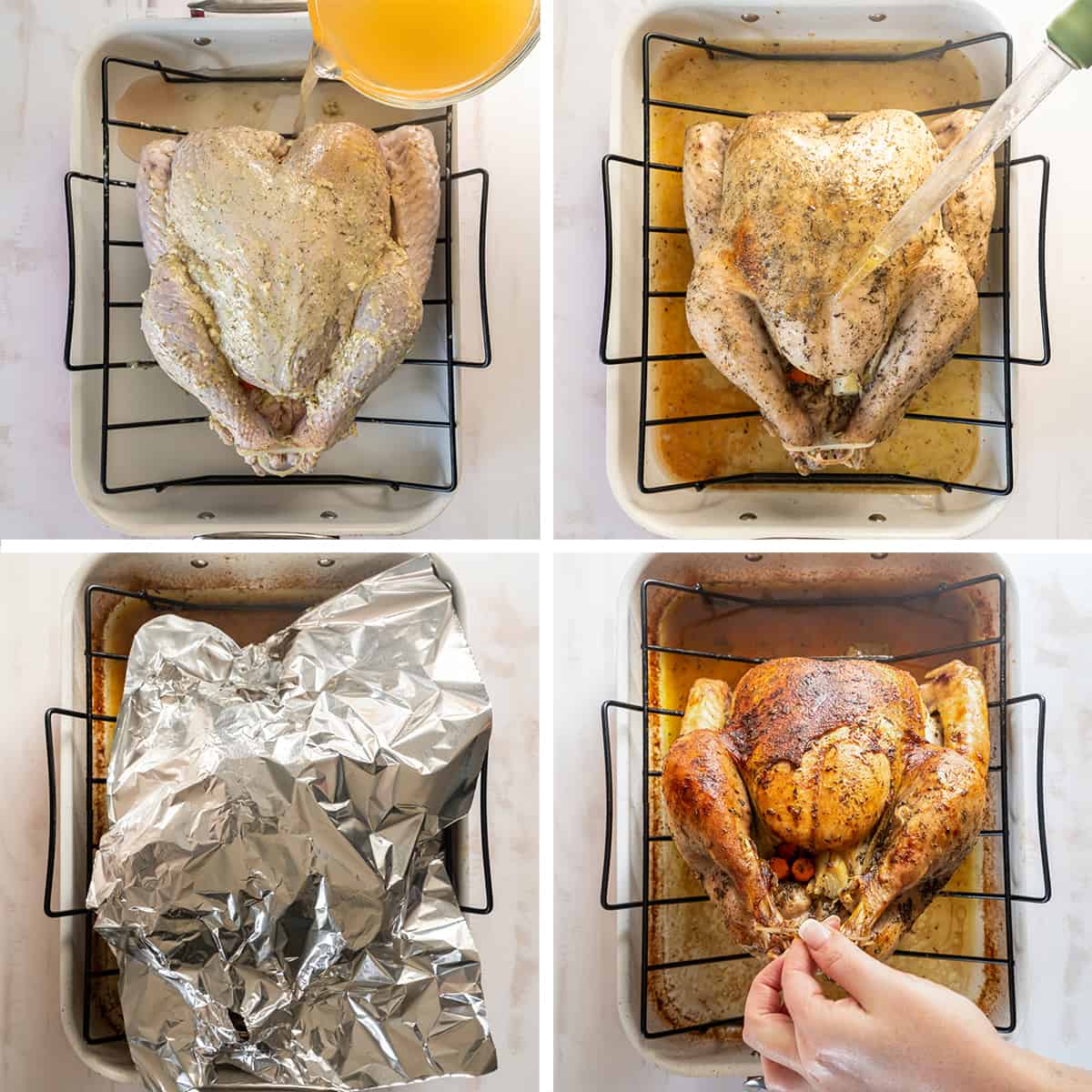 Broth pouring into a roasting pan and a turkey is basted.