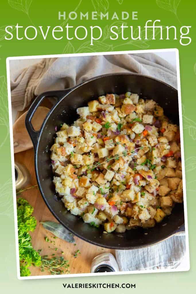 Homemade stovetop stuffing in a cast iron skillet with text overlay.