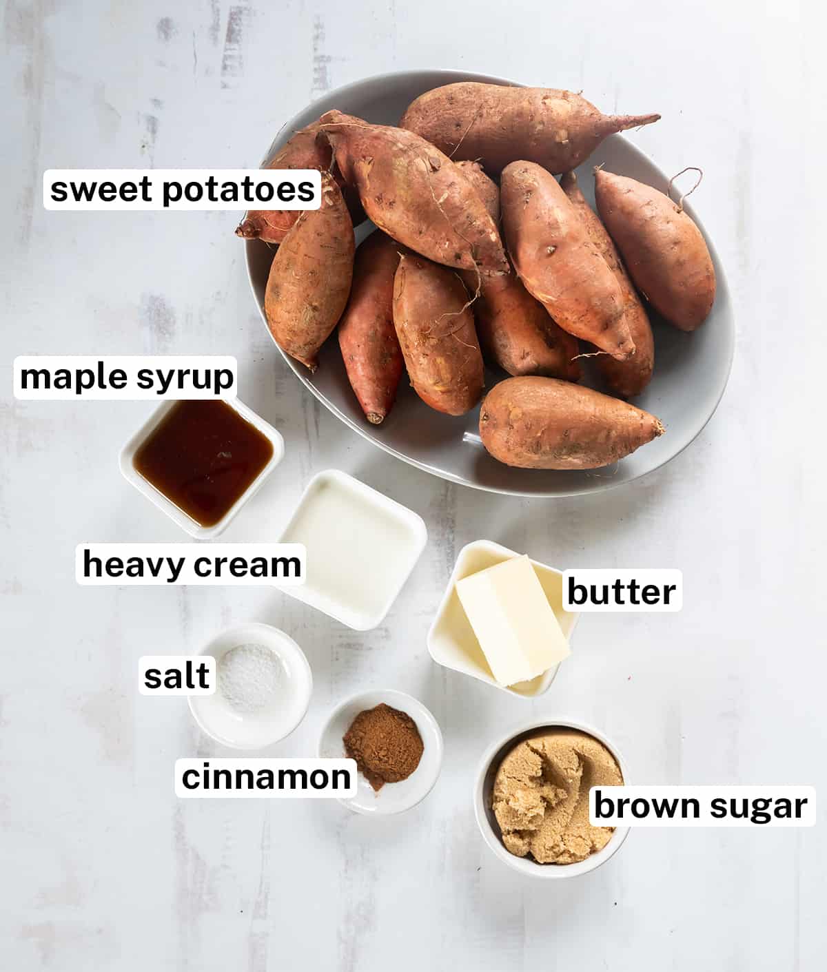Ingredients for Maple Glazed Sweet Potatoes with overlay text.