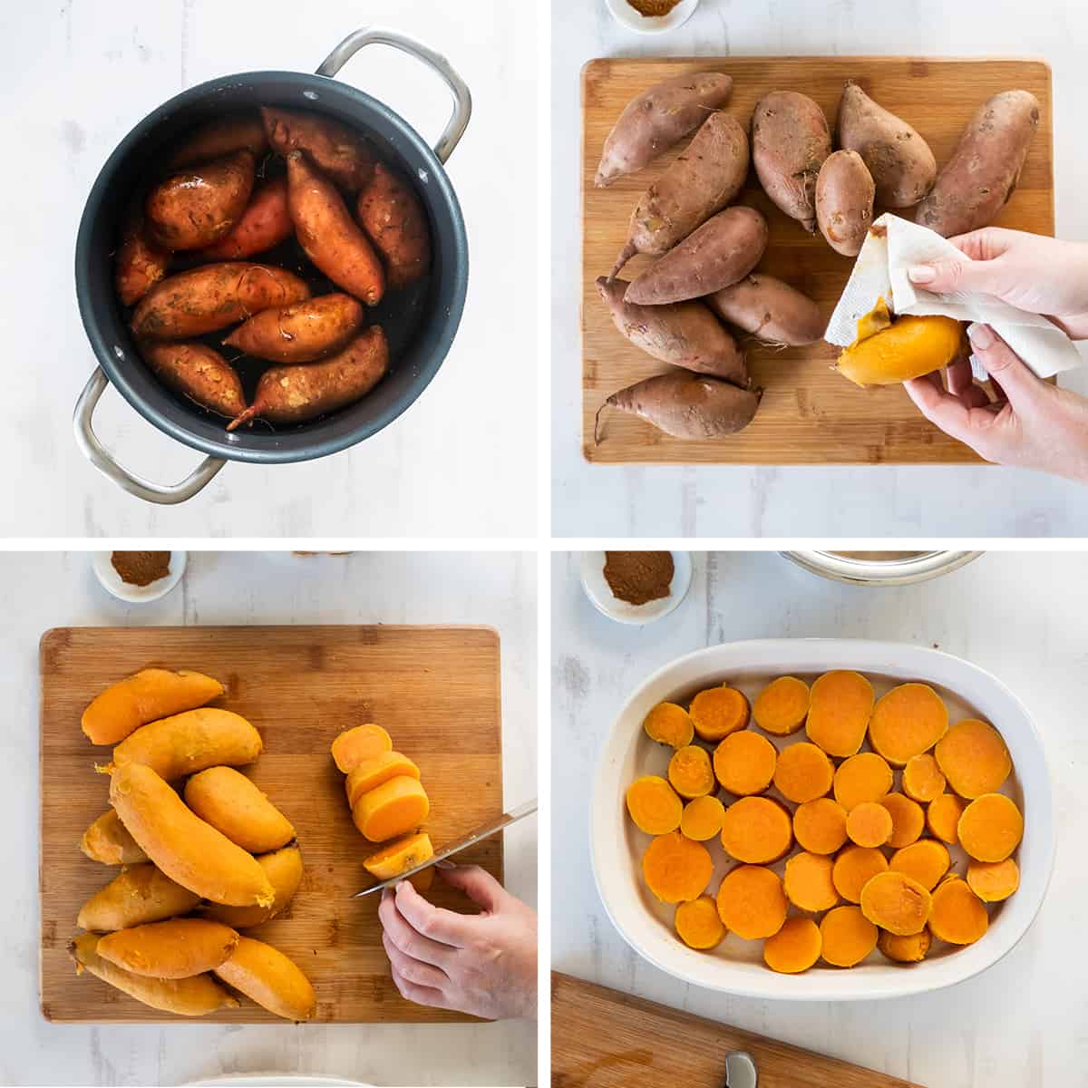 Sweet potatoes cooking in a pot and being peeled and sliced.