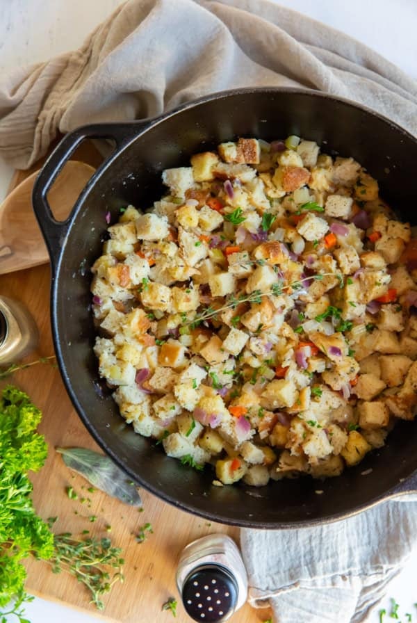 An over the top shot of a pot full of stuffing.