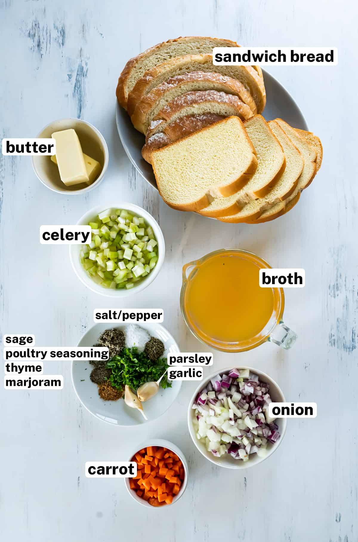 The ingredients for making Homemade Stovetop Stuffing with overlay text.