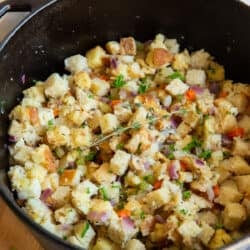 Homemade Stovetop Stuffing in a cast iron pot.