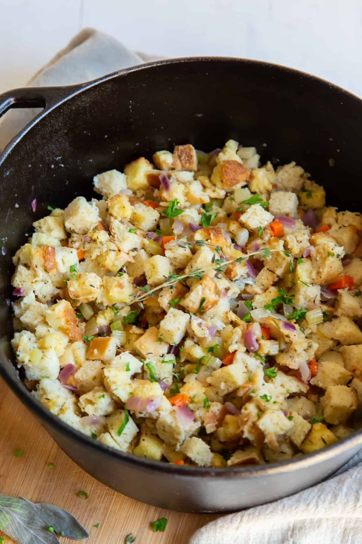 Homemade Stovetop Stuffing in a cast iron pot.