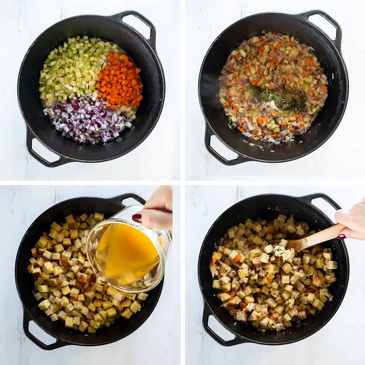 Diced vegetables and bread cubes cook in a pot.