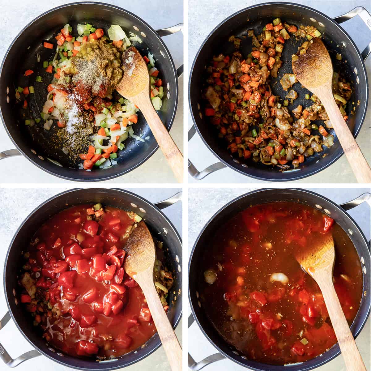 Four images that soup being prepared in a pot.