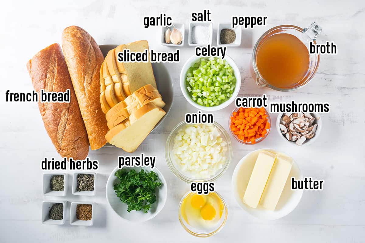 The ingredients for making Crock Pot Stuffing with overlay text.