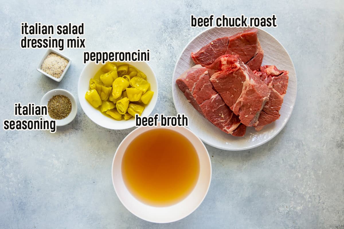 Chuck roast, pepperoncini and other ingredients for Italian Beef with overlay text.