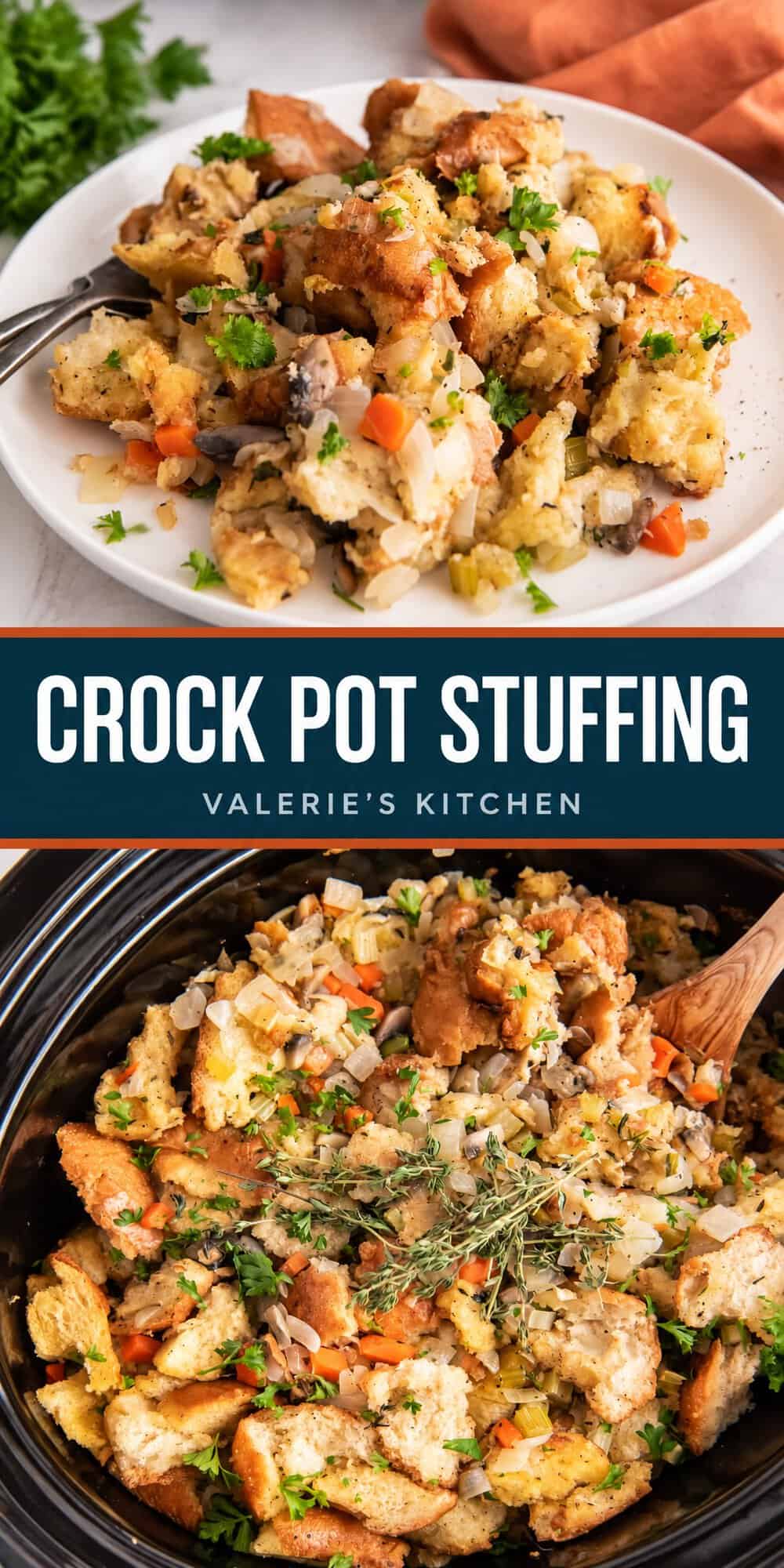 Two image graphic of crock pot stuffing on a plate and in a slow cooker with bold title text overlay.