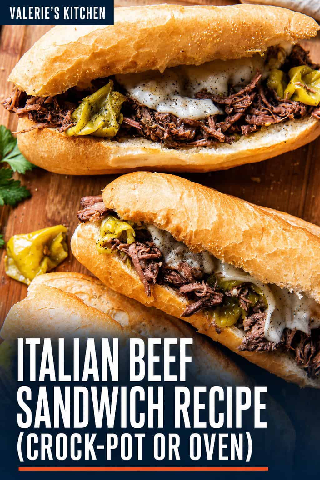 Italian beef sandwiches with pepperoncini with bold text overlay.