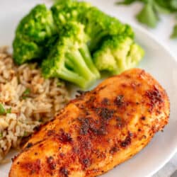 A close up of a seasoned air fryer chicken breast on a plate with broccoli and rice.