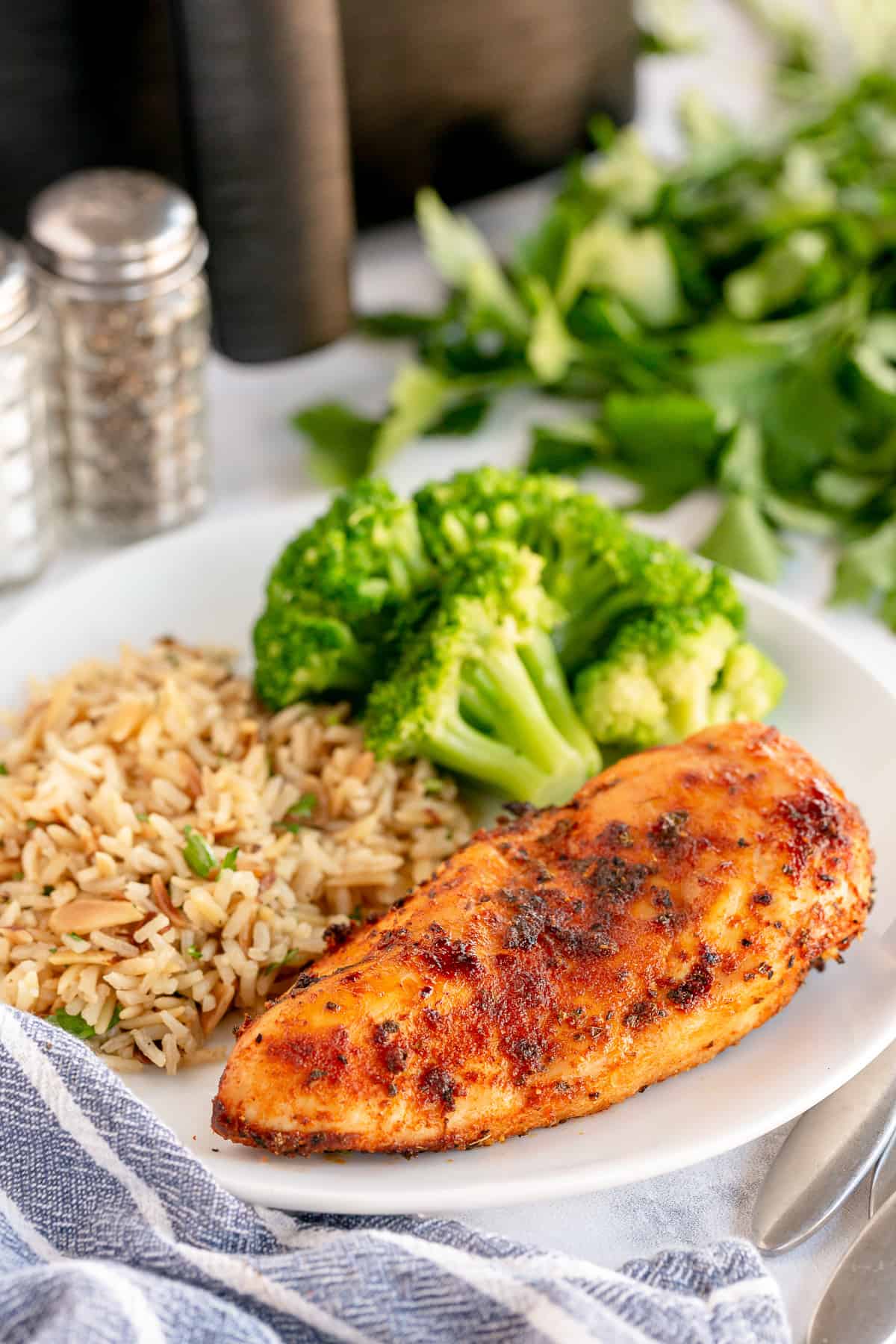 A cooked piece of chicken on a plate with rice and broccoli.