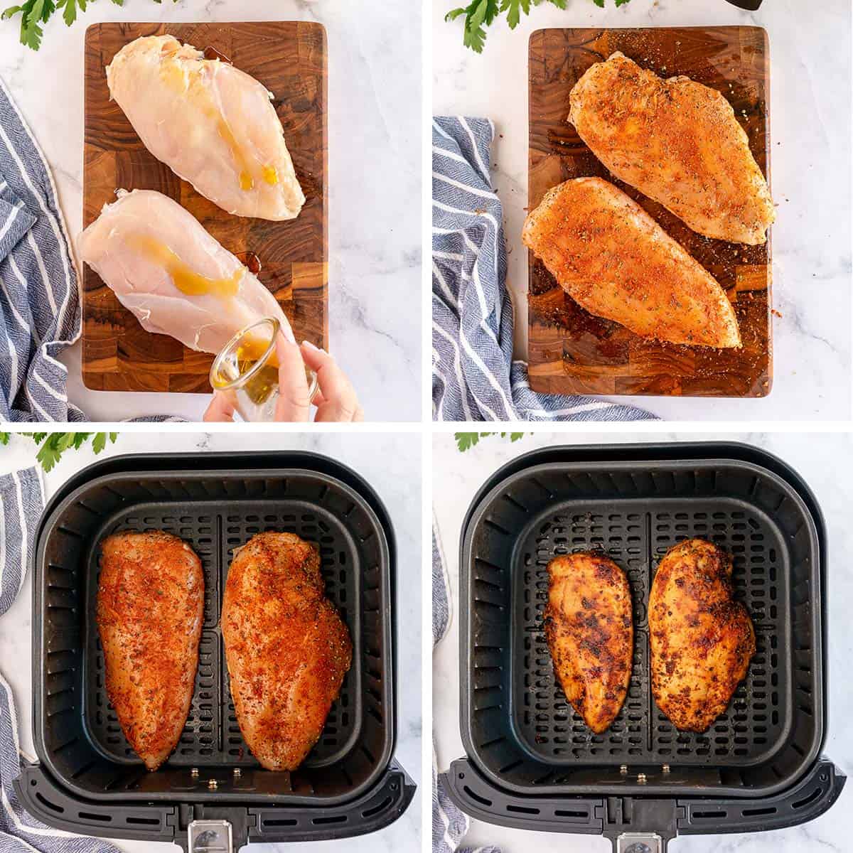 Chicken with oil, seasoning, and in an air fryer.