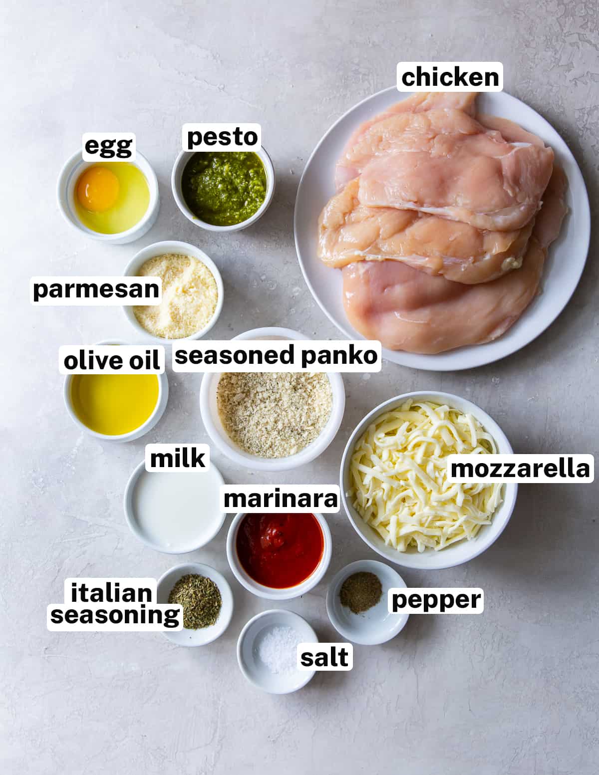 The ingredients for Chicken Pesto Parmesan with overlay text.
