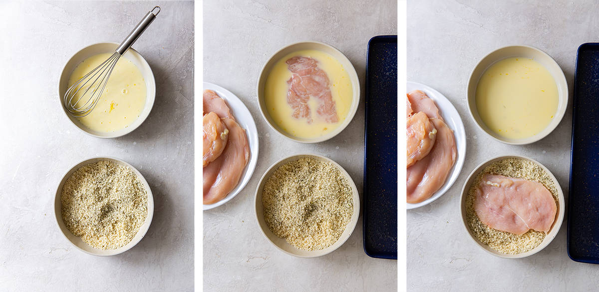 Chicken being coated in egg and a bread crumb mixture.