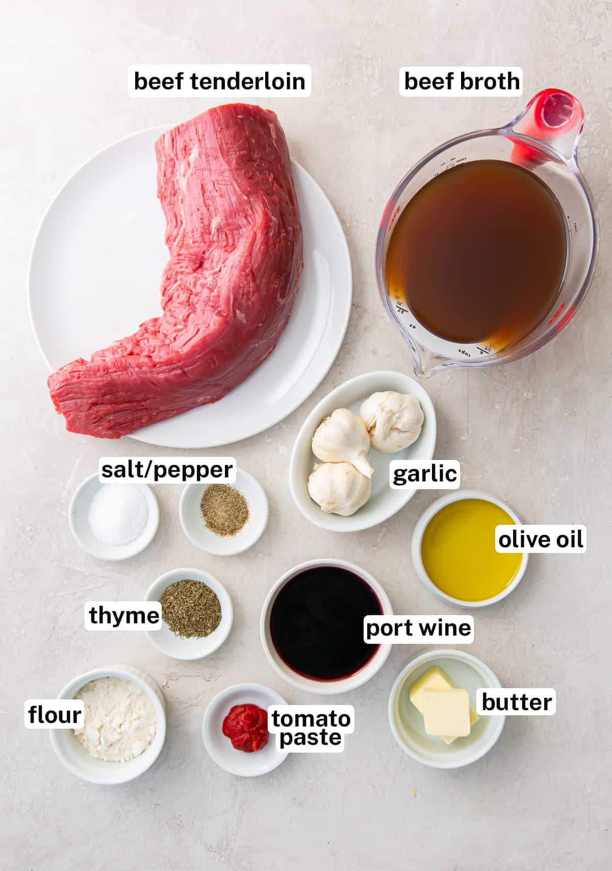The ingredients needed to make Roasted Beef Tenderloin with Port Wine Gravy.