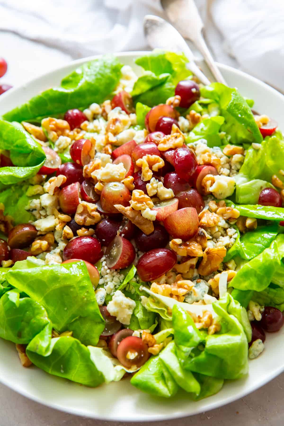 Butter lettuce with grapes and blue cheese crumbles on a white plate.