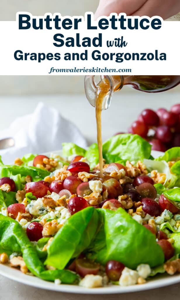 Balsamic vinaigrette pouring on to a butter lettuce salad with overlay text.