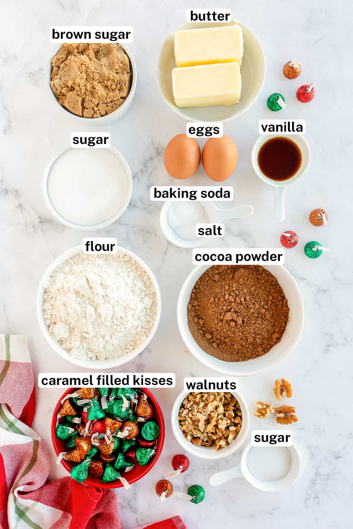 The ingredients for Caramel Filled Chocolate Cookies with overlay text.