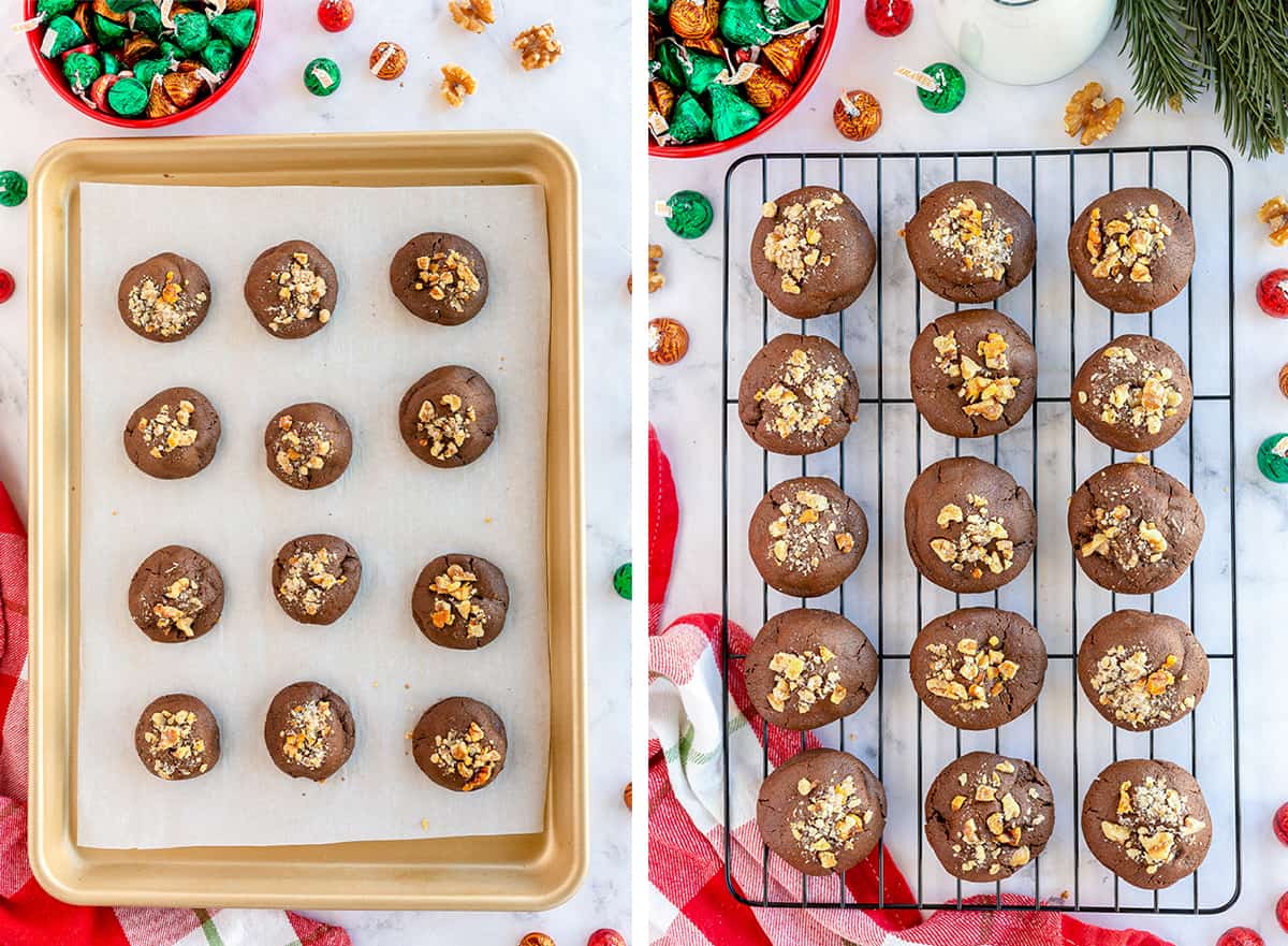 Cookies on a baking sheet and a cooling rack.