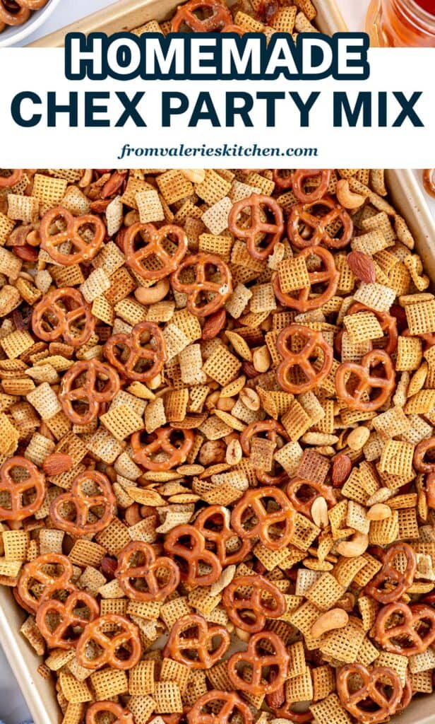 Chex Party Mix on a baking sheet with overlay text.