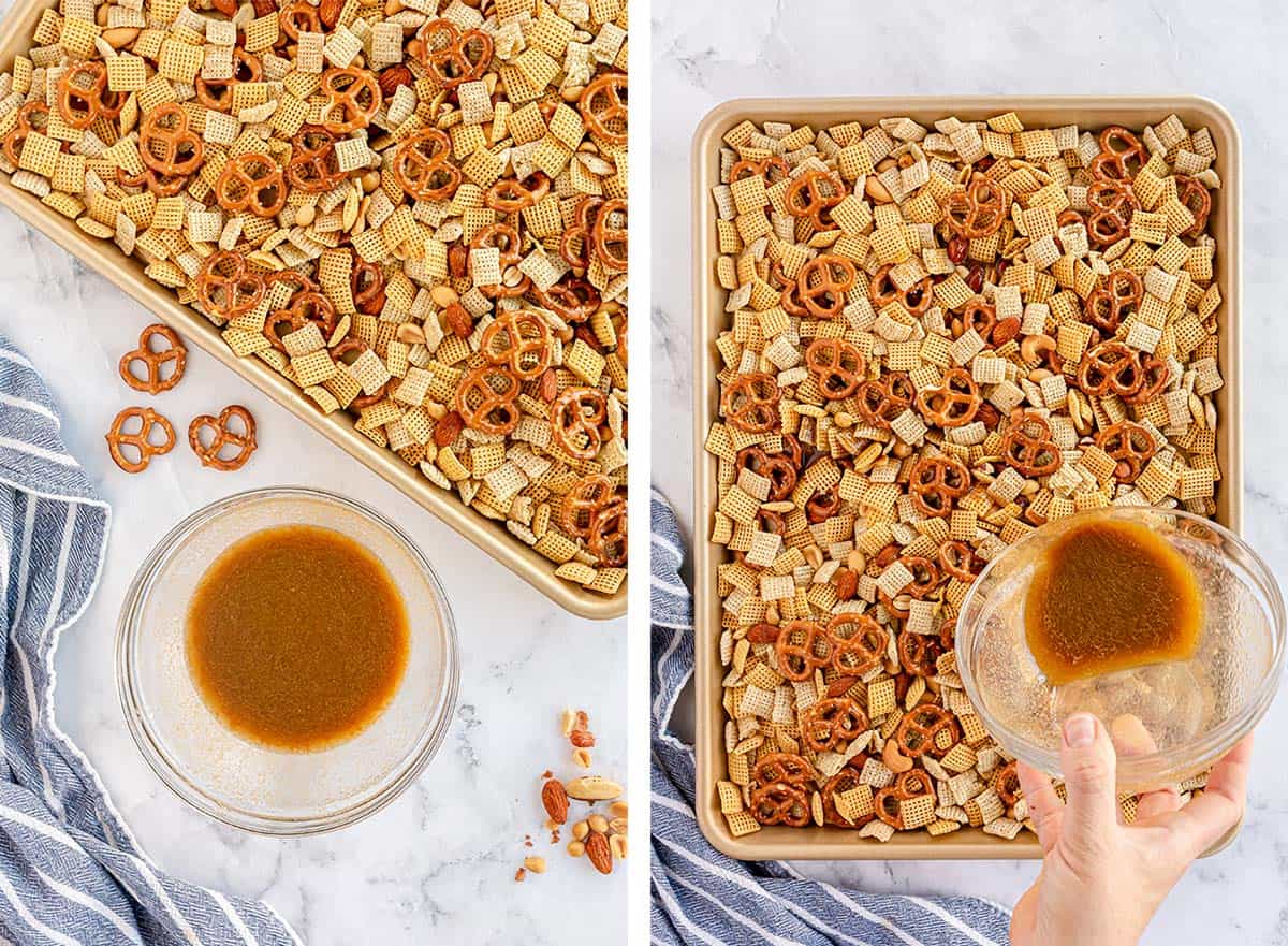 Seasoned melted butter is poured over chex mix, pretzels and peanuts.