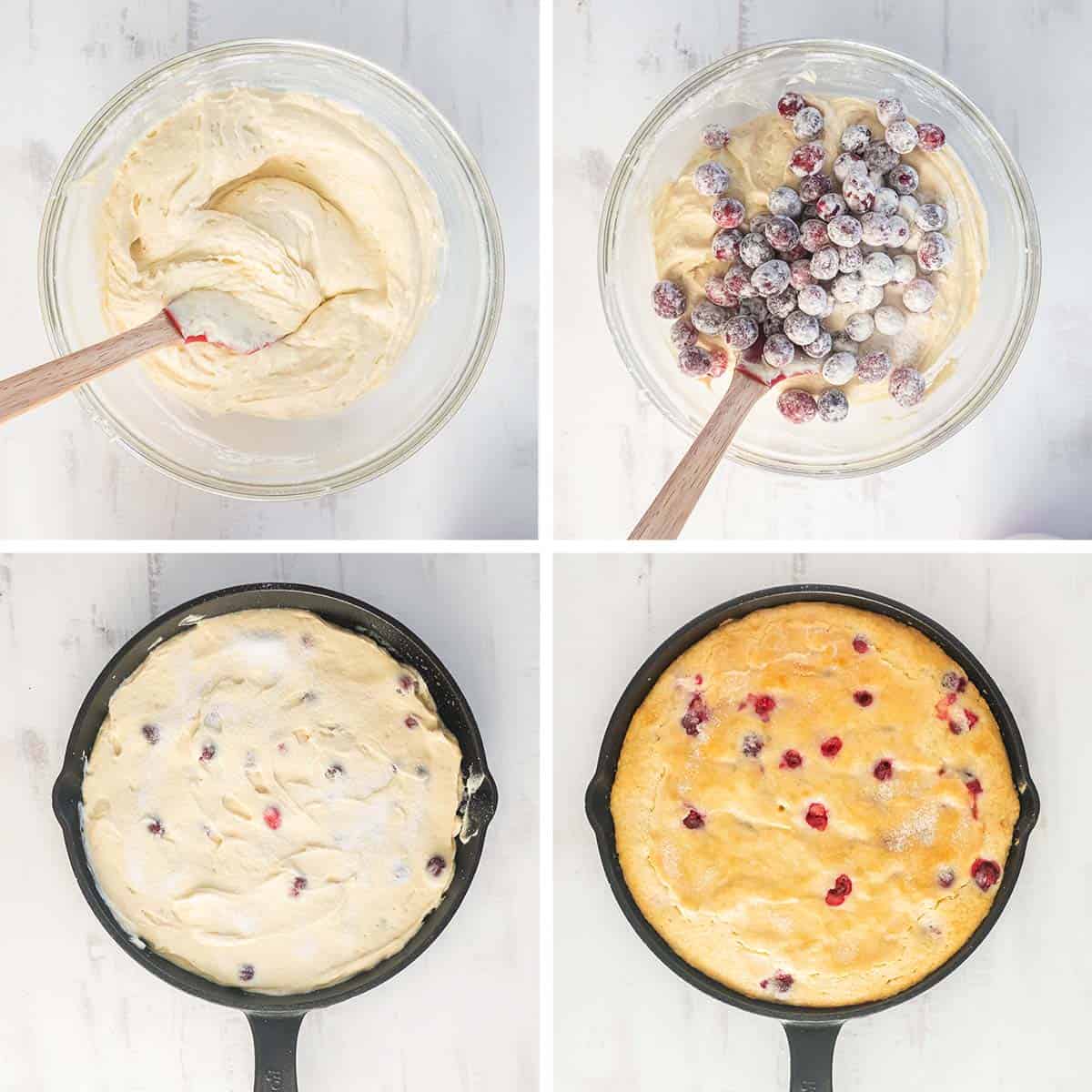 Cranberry cake batter in a bowl and in a cast iron skillet after baking.