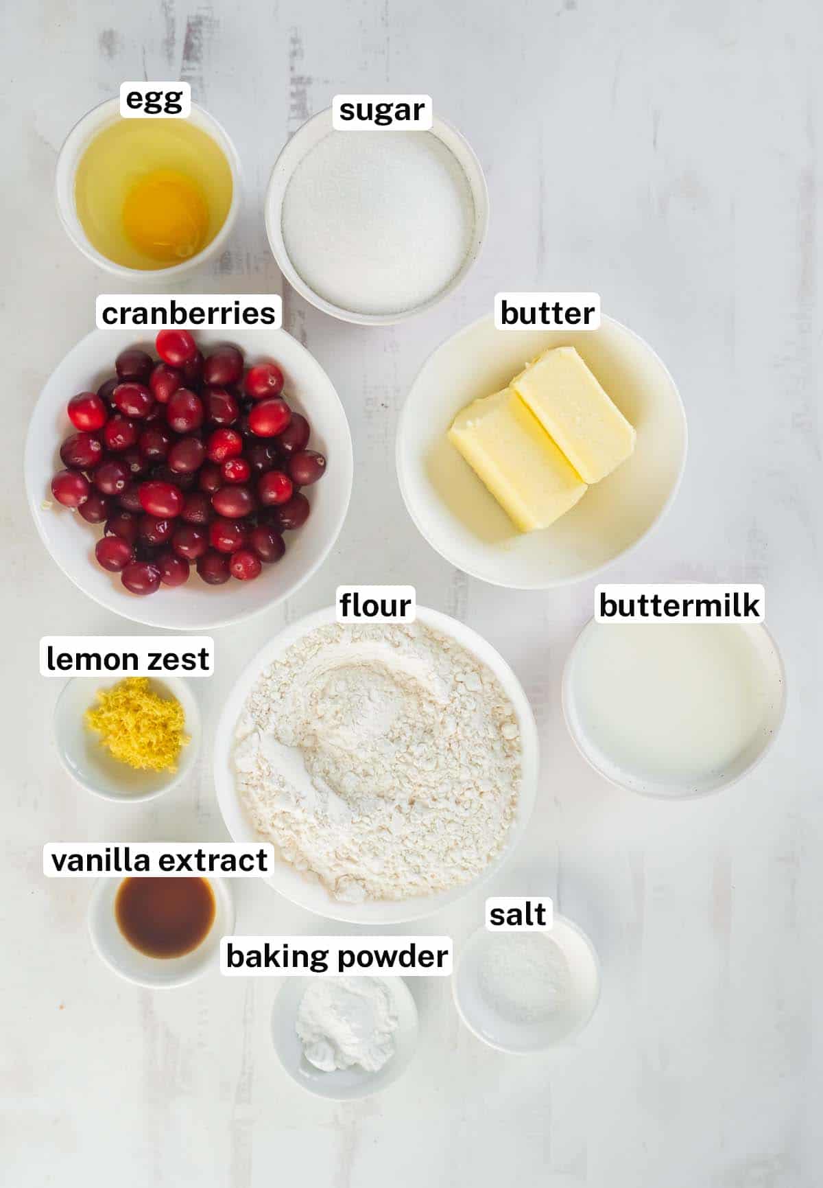 The ingredients for Cranberry Breakfast Cake with overlay text.